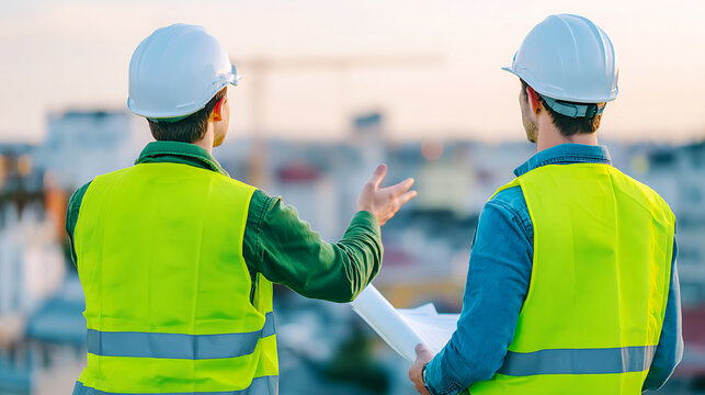 Two construction workers in hard hats and safety vests discussing blueprints on a rooftop