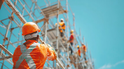 Construction worker in orange safety vest and hard hat on scaffolding