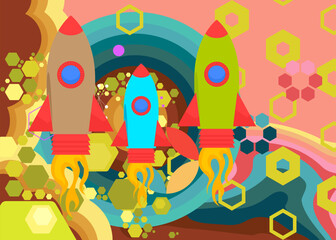 Retro 70s Background with Rocketship. Groovy Ship 1970s art template. Minimalistic Vintage design poster. Old-fashioned color artwork.