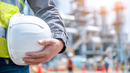 Construction worker holding a white hard hat at an industrial site