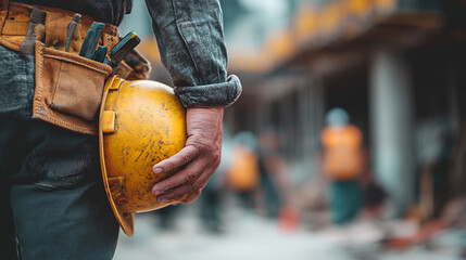 Construction worker holding a yellow hard hat with tools on belt