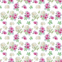 Watercolor seamless pattern with purple malva and peony on white background. Spring pink flower with leaves for wedding celebration. Botanical summer wrapping or wallpaper. Sketchbook coloring book