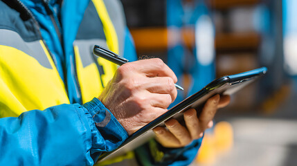 Worker in safety jacket writing on a clipboard with a pen