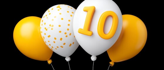 Four balloons two yellow one white with yellow dots and one white with yellow number ten