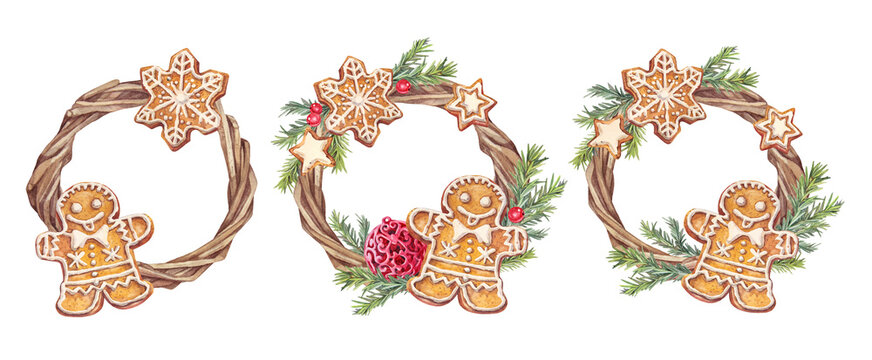 Watercolor set with Christmas wreath of willow and gingerbread man and snowflake with copy space isolated on white background. Hand-drawn clipart with pine or fir for New Year celebration. Wallpaper