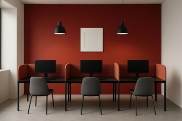 Modern office interior with three computer workstations arranged in a row against a striking rust red accent wall