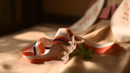 Naklejka premium Taegeukgi ribbons and mugunghwa flowers, symbolizing Korean pride and liberation, with traditional hanbok softly in the background