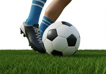 Soccer player s foot about to kick a ball on green grass isolated on white background