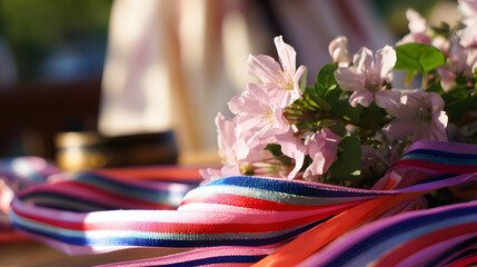 Taegeukgi ribbons and mugunghwa flowers, symbolizing Korean pride and liberation, with traditional hanbok softly in the background