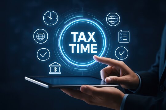 Businessman uses tablet with glowing tax time interface and financial icons for digital tax preparation and accounting services