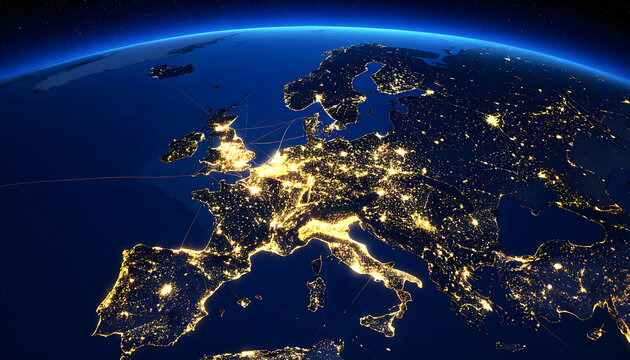 Night Lights of Europe from Space: A Satellite View of Illuminated Cities
