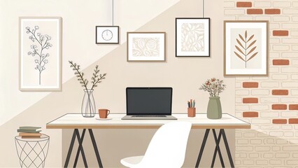 Fototapeta premium Neutral-Toned Desk with Laptop and Simple Vases in Home Office