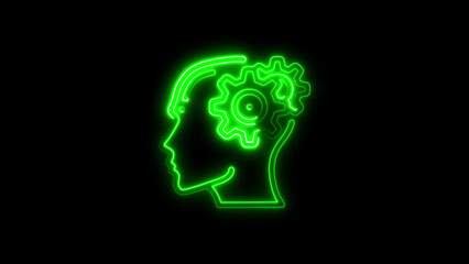 Green glowing neon brain with gears illustrating ideas and innovation for business