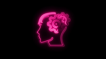 Illuminated neon brain thinking process concept with gear shape on dark background