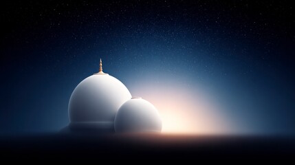 Two white domes with a golden spire against a dark starry sky illuminated by a bright sunrise