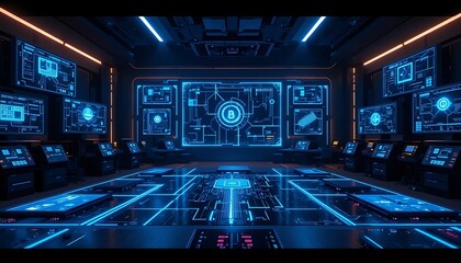 Futuristic Cyber Control Room with Glowing Bitcoin Symbol and Technology Displays
