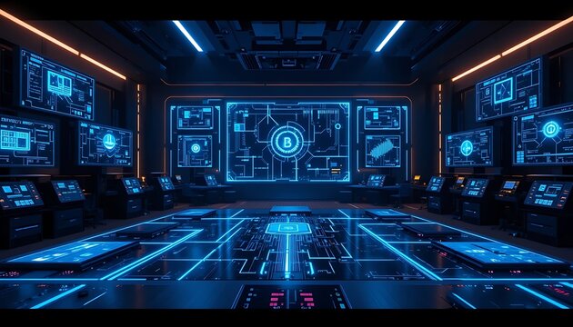 Futuristic Cyber Control Room with Glowing Bitcoin Symbol and Technology Displays - Powered by Adobe