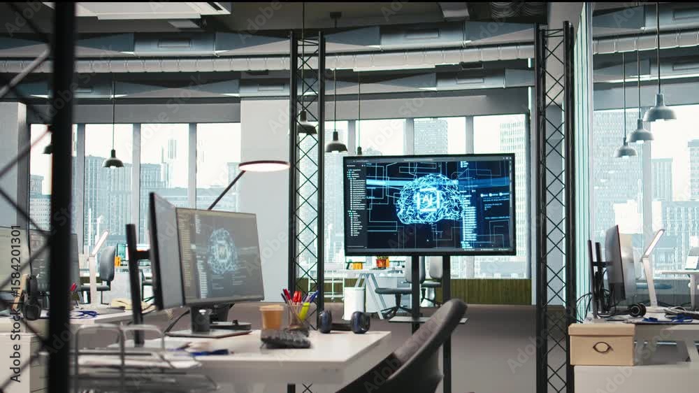 Fototapete pc in startup office used to design and implement algorithms enabling machine learning. technology u