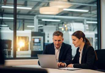 Professional Collaboration: Two Business Attire Professionals Working on Laptop Inside Manufacturing Facility Office with Softly Blurred Industrial Machinery