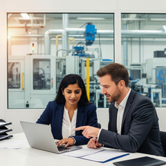 Professional Collaboration: Two Business Attire Professionals Working on Laptop Inside Manufacturing Facility Office with Softly Blurred Industrial Machinery