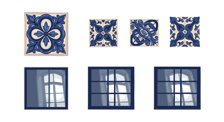 Blue decorative tiles with traditional patterns for ceramic, floor, or wall designs