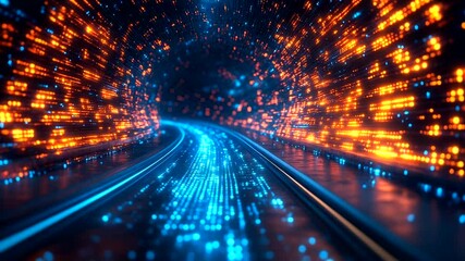 Abstract data tunnel with vibrant blue and orange light trails and digital effects - Powered by Adobe