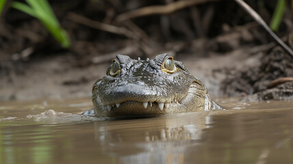 Crocodile partially submerged in muddy river, eyes above the surface
