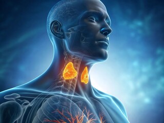 Detailed anatomical illustration of a male figure showing the parathyroid glands in the neck. The image emphasizes the glands' role in hyperparathyroidism.