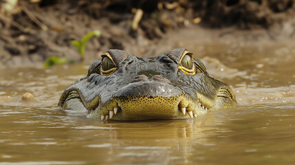 Obraz premium Crocodile partially submerged in muddy river, eyes above the surface