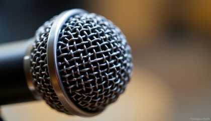 Close up view of microphone showcasing its intricate mesh design and metallic finish, evoking sense of professionalism and quality in audio equipment