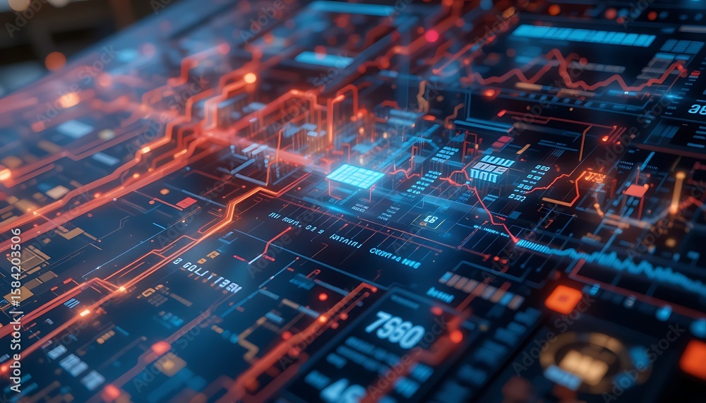 Wall mural abstract electronic circuit board background with glowing data and digital displays