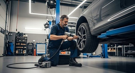 A mechanic efficiently changing a tire in a well-lit garage during the day.

