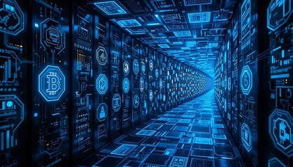 Futuristic Data Center with Bitcoin Symbols and Glowing Blue Cyberpunk Style