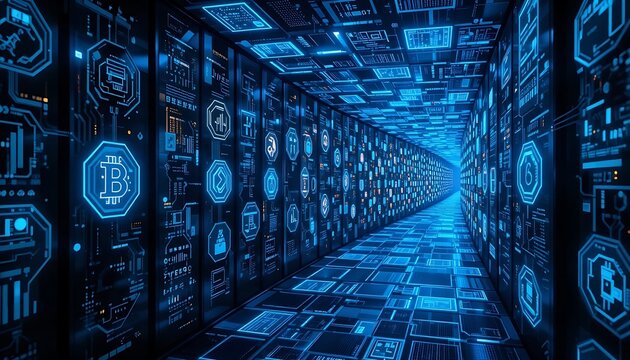 Futuristic Data Center with Bitcoin Symbols and Glowing Blue Cyberpunk Style
