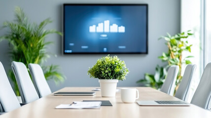 Modern conference room with interactive display, plants, and clean setup, creating professional atmosphere