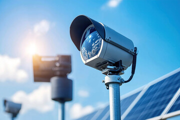 High tech weather station monitoring climate conditions with advanced technology and solar panels in background