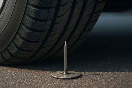 Car wheel and huge nail close up background. Flat tire puncture concept background.