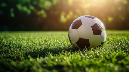 Fototapeta premium soccer ball on a grass field, dramatic lighting, generative ai
