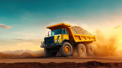 Obraz premium Massive dump truck unloading gravel at construction site, creating dust clouds under vibrant sunset