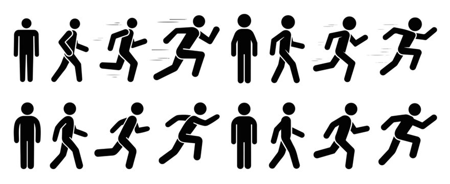Illustration showing stick figures in various stages of walking and running motion cycle