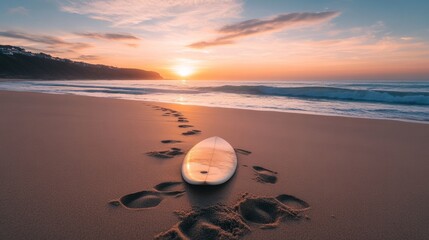 Close-up of a surfboard on the sand, footprints leading to the sea, sunrise on the horizon generative ai
