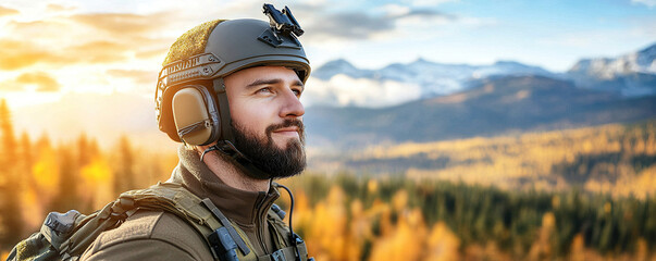 Man wearing tactical gear and helmet stands in mountainous landscape during sunset, exuding confidence and readiness