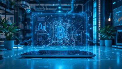 Laptop Displaying Bitcoin Technology and Ai in Modern Workspace Setting