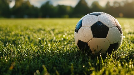 grass field, a soccer ball with water drops, feeling of a morning game generative ai