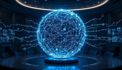 Global Network Data Sphere with Security Lock Icon in Meeting Room