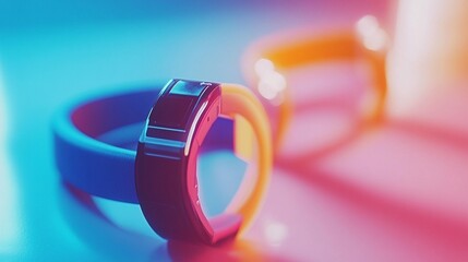 Two futuristic wristbands in vibrant blue and orange neon light
