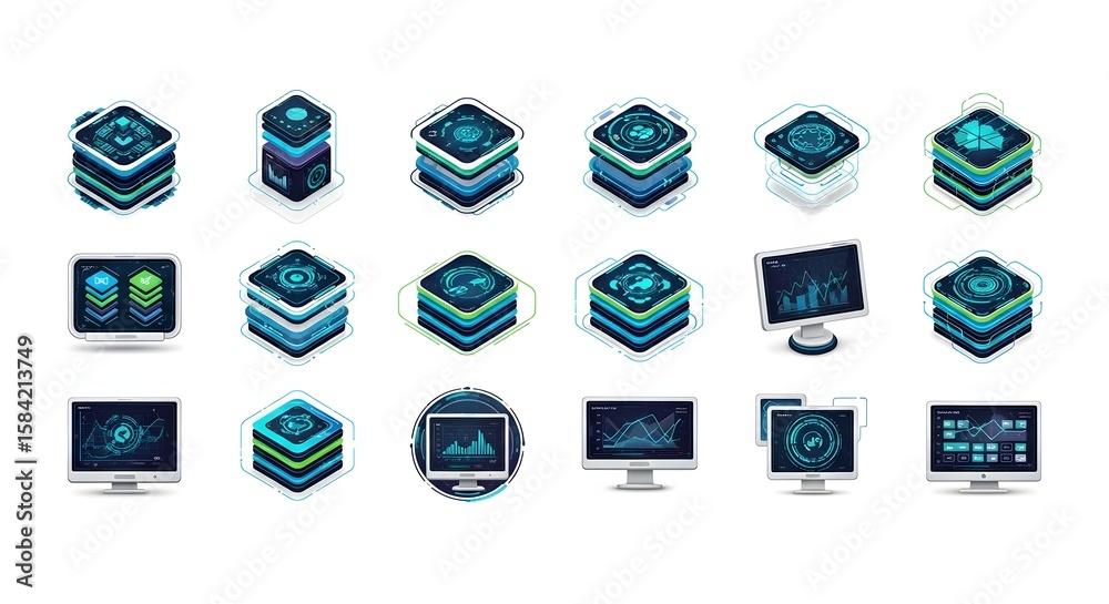 Fototapete Isometric data server icons and computer monitors - white background