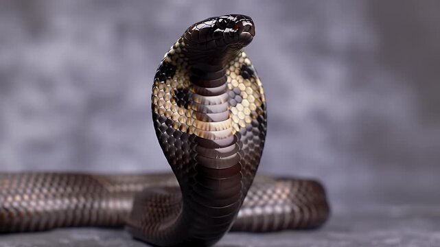 Intimidating Cobra Snake with Hood Flared Displaying Distinctive Pattern against Gray Gradient Backdrop in a Striking Wildlife Close Up