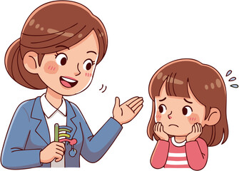 A concerned young girl listens attentively as a caring woman explains something, possibly a health professional.