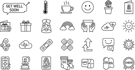Vector art of a set of line icons representing get well soon wishes and healthcare elements, including bandages, a thermometer, a rainbow, and a smiling face, isolated on white background